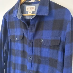 Original Penguin Men's Button-Up Shirt L Blue and Black Check Long Flannel - Picture 1 of 4