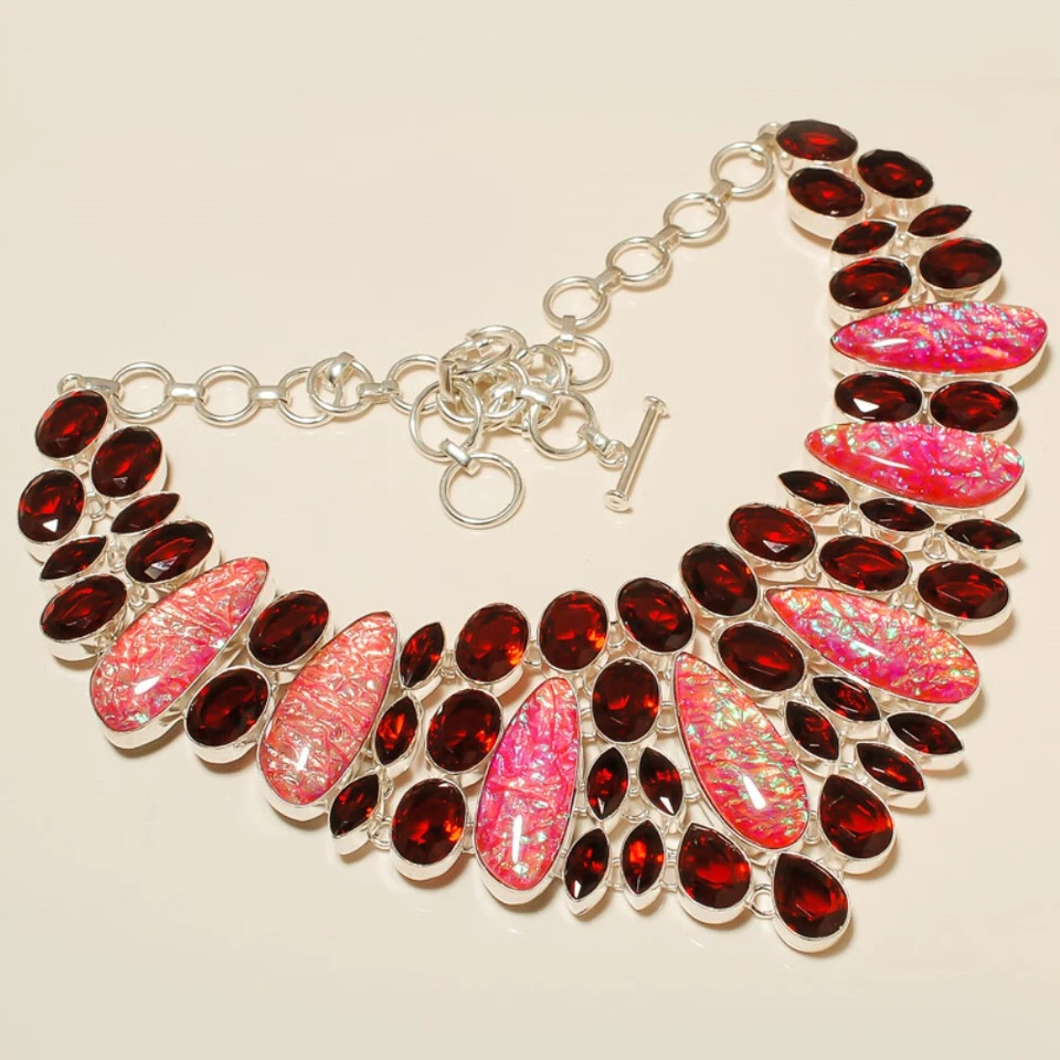 Colar folheado a prata pedra preciosa granada opala tripla rosa 18" - Imagem 1 de 1