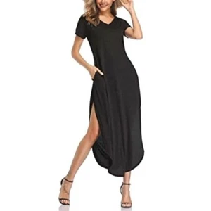 Women's Short Sleeve V Neck Side Split Beach Casual Hi/Low Maxi Dress w/Pocket L - Picture 1 of 5