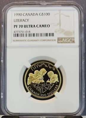 1990 CANADA GOLD $100 LITERACY NGC PF 70 ULTRA CAMEO SCARCE PERFECTION - Image 1 of 3