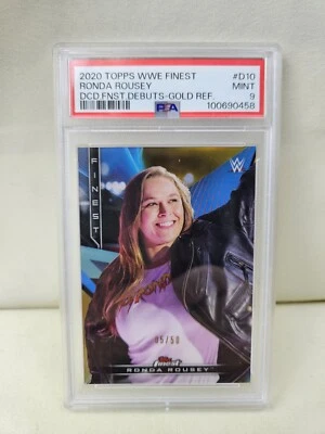 2020 Topps Finest WWE RONDA ROUSEY Debuts Gold Refractor/50 #D10 MINT PSA 9 - Image 1 of 3