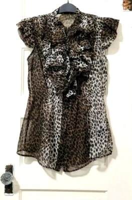 Camisa Top Mujer Twenty One Volantes Mediana Marrón Marfil Guepardo Animal Print Cap Foto 1 de 4