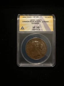 1856 Canada Penny Token Anacs Vf35 Details Cleaned Look Toned Nova Scotia - Picture 1 of 20