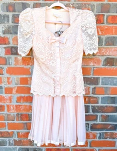 Vintage Pink Lace Victorian Chiffon Pleated Dress 10 Michael Marcella Skirt Set - Picture 1 of 9