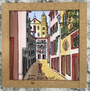 Decorative Alfama Lisboa Antiga Portugal 6" X 6" Tile, Framed 7”x7” Ceramic Cork - Picture 1 of 2