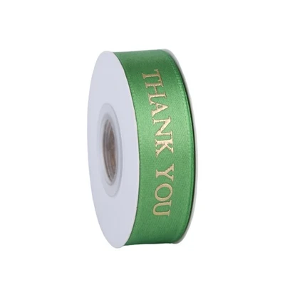 Best 5/8 Inch 10-Yard Spool Lime Green and Gold Print Thank You Satin Ribbon for - Image 1 of 4