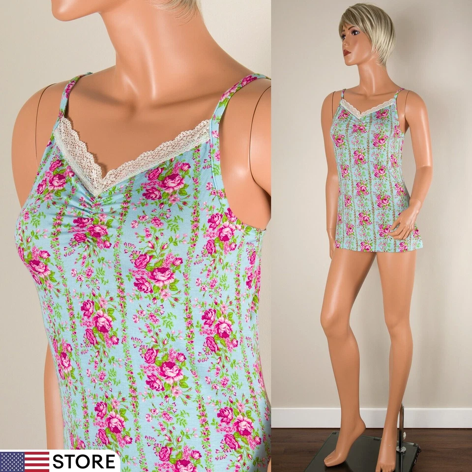💖 Camiseta sin mangas BETSEY JOHNSON talla M Aqua floral elástica cami correa ajustable encaje Foto 1 de 4