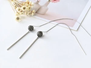 Womens Crystal Ball Bead Silver Long Bar Thread Threader Earrings Piercing Chain - Picture 1 of 5