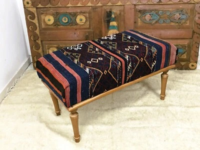 Handmade Kilim Upholstered Ottoman Footstool Piano Entryway Bedroom Bench - Image 1 of 4