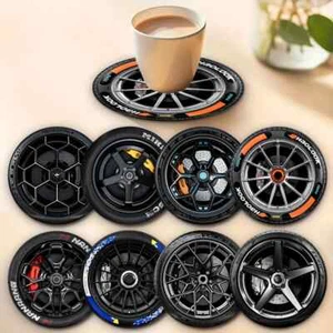 8-Pack Wooden Tire Coasters, Heat-Resistant & Non-Slip, NEW - Picture 1 of 4