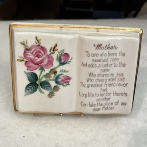 Vtg. Glazed Ceramic Mother Poem Book Figurine W/ Pink Roses W/ Stand - Picture 1 of 6