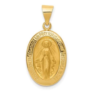 14k Yellow Gold Mary Mother of God Miraculous Medal Hollow Oval Pendant - Picture 1 of 7