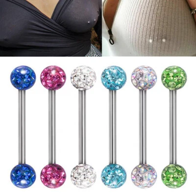 2pc Steel Nipple Ring Shield Double Coated CZ Crystal Ball Tongue Bar Piercing Foto 1 de 4