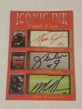 Walter Payton + Jim McMahon + Mike Singletary ICONIC INK Triple Cuts Card