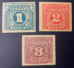 Ohio State Revenues - Columbian Bank Note Co. - 3 Diff. Stubs 1, 2 & 3 Cent OH - Bild 1 von 1
