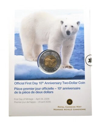 Canadá 2006 2 dólares oficial primer día décimo aniversario con OGP *4728 Foto 1 de 4
