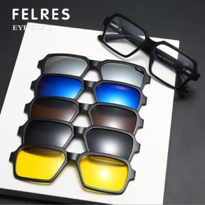 5 in 1 Magnetic Clip-on Polarized Sunglasses Men Women Square TR90 Glasses Frame - Picture 1 of 14