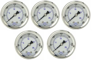 5 PACK LIQUID FILLED PRESSURE GAUGE 0-300 PSI, 2" FACE, 1/4" BACK MOUNT - Picture 1 of 3