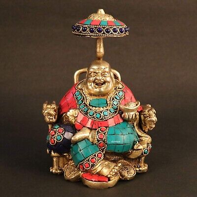 Brass Multicolored Happy Man Laughing Buddha Statue Idol Table Decor Showpiece • 173.34€