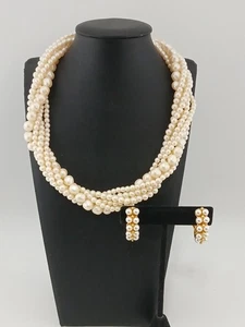 VINTAGE goldfarbene Kunstperlen Twist Design Halskette KORORDINIERT Clip-On Ohrringe - Bild 1 von 14