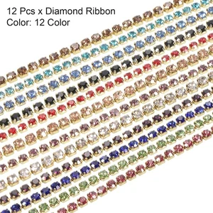 sourcing map 12 Colour Pack 1 Yard 2.5mm Crystal Rhinestone Diamond Close Chain - Picture 1 of 5