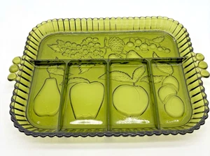 Indiana Glas Relish Tablett geteilt grün Obst Design Wurstwaren Käse Vintage - Bild 1 von 4