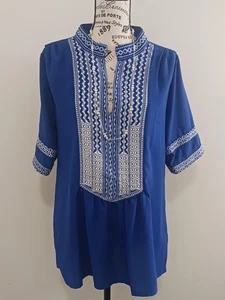 Embroidered Boho Tunic Top Womens Large Blue White Peasant Blouse Bohemian Chic - Picture 1 of 4