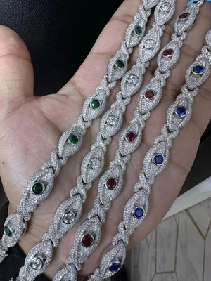 12 CT 12mm Genuine Lab Grown Gemstone & Moissanite Hip Hop Silver bracelet 7" - Image 1 of 4