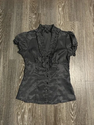 Iz Byer Polka Dot Button Up Ruffle Blouse Sz S Whimsy Goth Grunge Coquette Twee  - Image 1 of 4