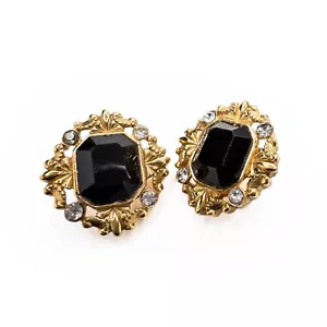Vintage Circa 1990s Bijoux Givenchy Paris Gold Plated Black Stone Clip Earrings - Picture 1 of 6