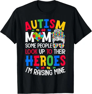 Autism Mom Raising Hero Groovy Messy Bun Autism Awareness T-Shirt - Picture 1 of 4