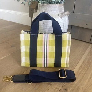 NWOT Inouitoosh France Canvas Plaid Tote Crossbody Navy Yellow Pink - Picture 1 of 24