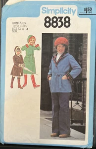 Vin. Simplicity Pattern 8838 Girl Lined Hooded Coat Jacket Size 12 14 Uncut 1978 - Picture 1 of 4