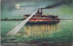 Ferry 'Davenport' by Moonlight btwn Rock Island IL & Davenport IA Postcard H48 - Picture 1 of 2