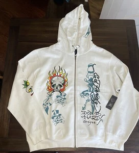 NWT Ed Hardy Flame Skull Dagger Men's XL Zip Up Hoodie Ivory White EHM1301-45 - Picture 1 of 9