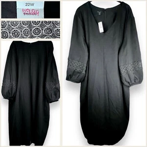 TALBOTS New 22W 2X 3X Ponte Knit Shift Balloon Slvs Sheath Black Lace Midi Dress - Picture 1 of 24