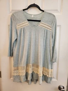LAPIS PULLOVER TUNIC TOP BLUE STRETCH LACE DETAIL 3/4 SLEEVE V-NECK WOMEN SMALL - Picture 1 of 9