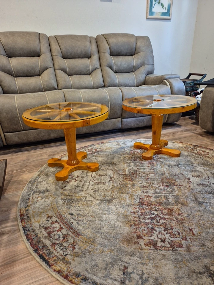 Juego De Colección De Mesas Superior De Vidrio Rueda Barcos Madera Teca Artesanales Foto 1 de 4