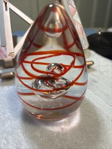 Clear Art Glass Paperweight With Red Threaded Swirl and Interior Clear Shapes - Picture 1 of 4