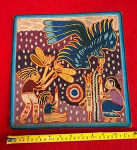 Arte de hilo huichol vintage de Mario Valadez México Navarro 11,75x11,75" - Imagen 1 de 8