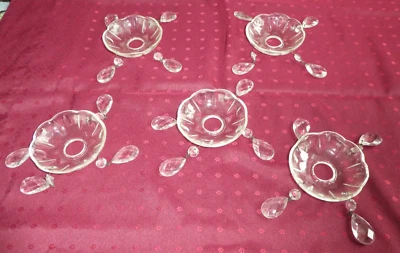LOT DE 5 BOBECHES EN CRISTAL ET PAMPILLES TRANSPARENT POUR LUSTRE APPLIQUE LAMPE - Photo 1/4