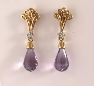 Hallmarked vintage 9ct gold briolette cut Amethyst and Diamond drop earrings - Picture 1 of 6