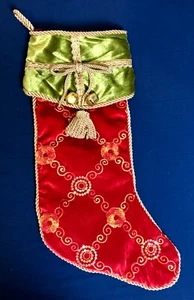 Christmas Stocking VIntage 1990s Kingsbury Home Red Green Gold Sequin Bells - Picture 1 of 8