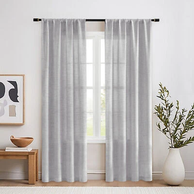 2 Panel Semi Sheer Curtains Cotton Linen Window Drapes Boho Living Room Decor - Image 1 of 4