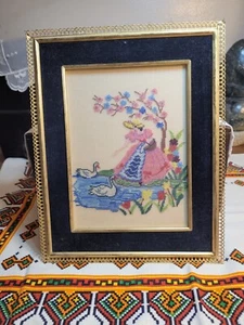 Vintage Girl Feeding Ducks Needlework With Metal Framed - Picture 1 of 14