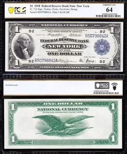 Amazing Crisp VCH/UNCIRCULATED 1918 $1 New York FRBN Note! PCGS 64! 98842A - Picture 1 of 3