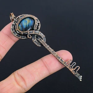 Key Shape Labradorite Gemstone Copper Wire Wrapped Pendant  Jewelry - Picture 1 of 5