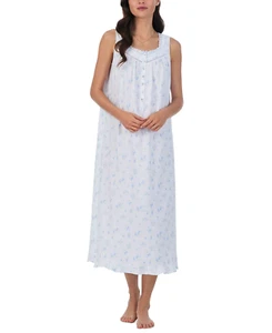Nwt $68 Eileen West White/Blue Floral 100% COTTON KNIT Long Ballet Nightgown L - Picture 1 of 4