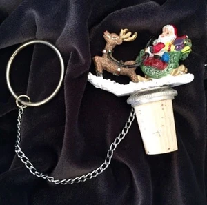 Christmas Santa & Reindeer Bottle Stopper Metal Holiday Barware Vintage - Picture 1 of 1