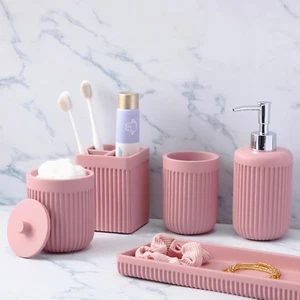 Resin Pink Bathroom Accessories Set 5 Pcs, Lotion Soap Dispenser, Toothbrush Hol - Picture 1 of 12